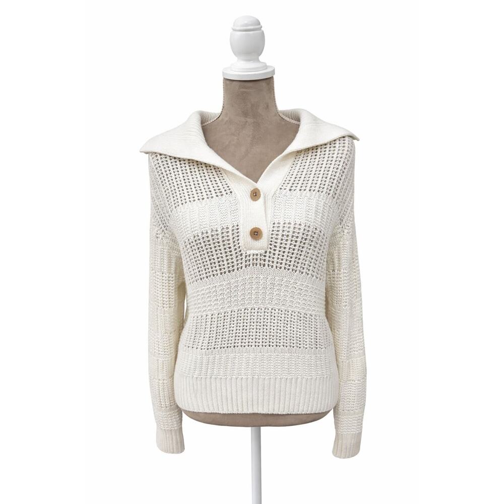 White + Warren Cotton Open Knit Polo in White Size M Luxury Coastal Cottage